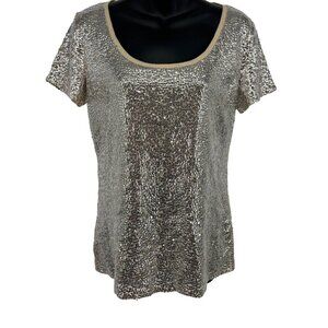 Michael Kors Women Sequin Silver Beige Top Blouse Short Sleeve Medium M New